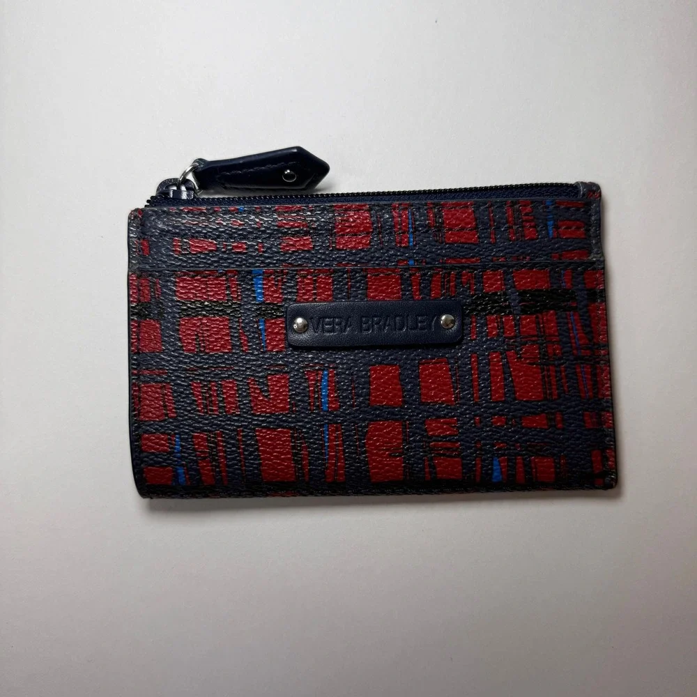 Vera Bradley Plaid Print Small Zip Coin Card Holder Keychain Red Navy